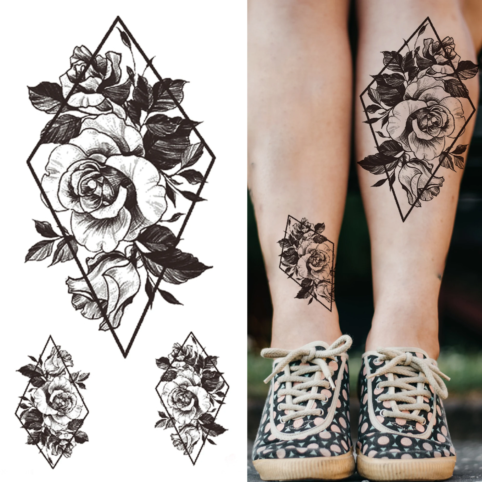 Black Peony Flower Temporary Tattoos For Women Men Adult Geometric Rose Flora Fake Tatoo DIY Body Art Disposable Tattoo Stickers images - 6