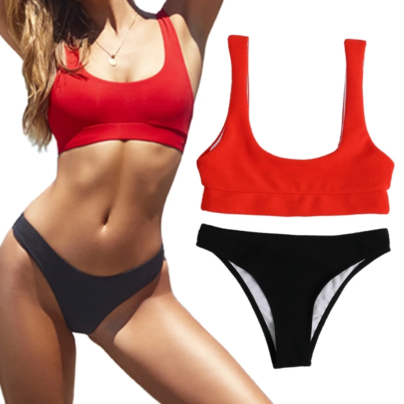 

Women Sexy 2pcs Bikini Set Solid Color Scoop Neck Push Up Padded Tube Top Swimsuit Low Waist Triangle Thong Bathing Suit