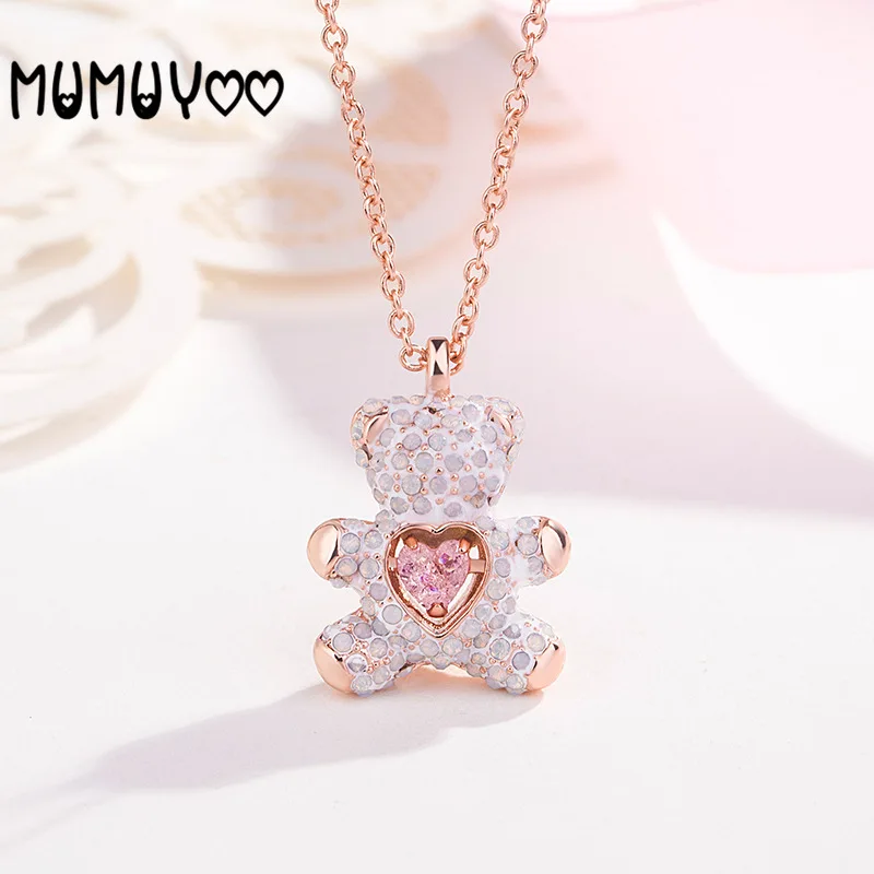 

SWA Fashion Jewelry High-quality Charm Cute Sweet Romantic 3D Bear Pendant Necklace Female Pink Love Crystal Simple Jewelry