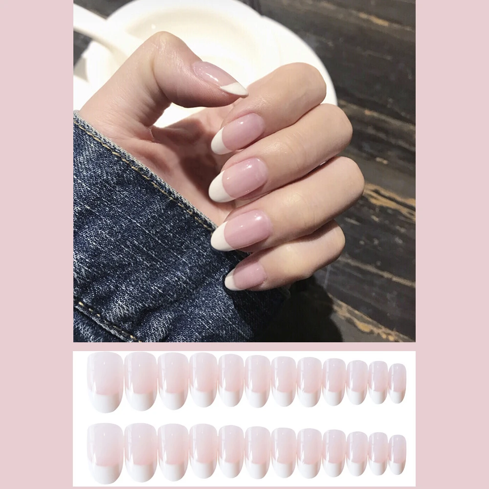 24Pcs Artificial Fake Nail Press on Full Cover Nails Tips Pink Shiny False Short Extension Jelly Removable For Reuse | Красота и