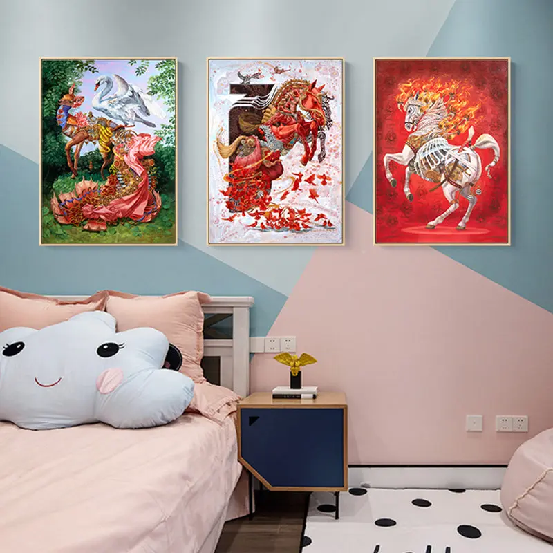Королевский Красный Белый бегущий лошадь Лебеди олень Мультяшные плакаты