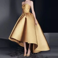 gorgeous high low gold prom dress satin strapless short front long back wedding guest party gowns robes de soir%c3%a9e vestidos