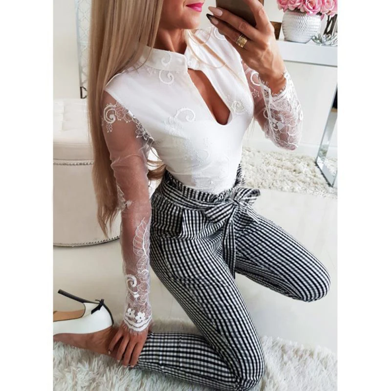 Женские брюки в полоску с завышенной талией на осень модель SJ4890X 2020 | Женская