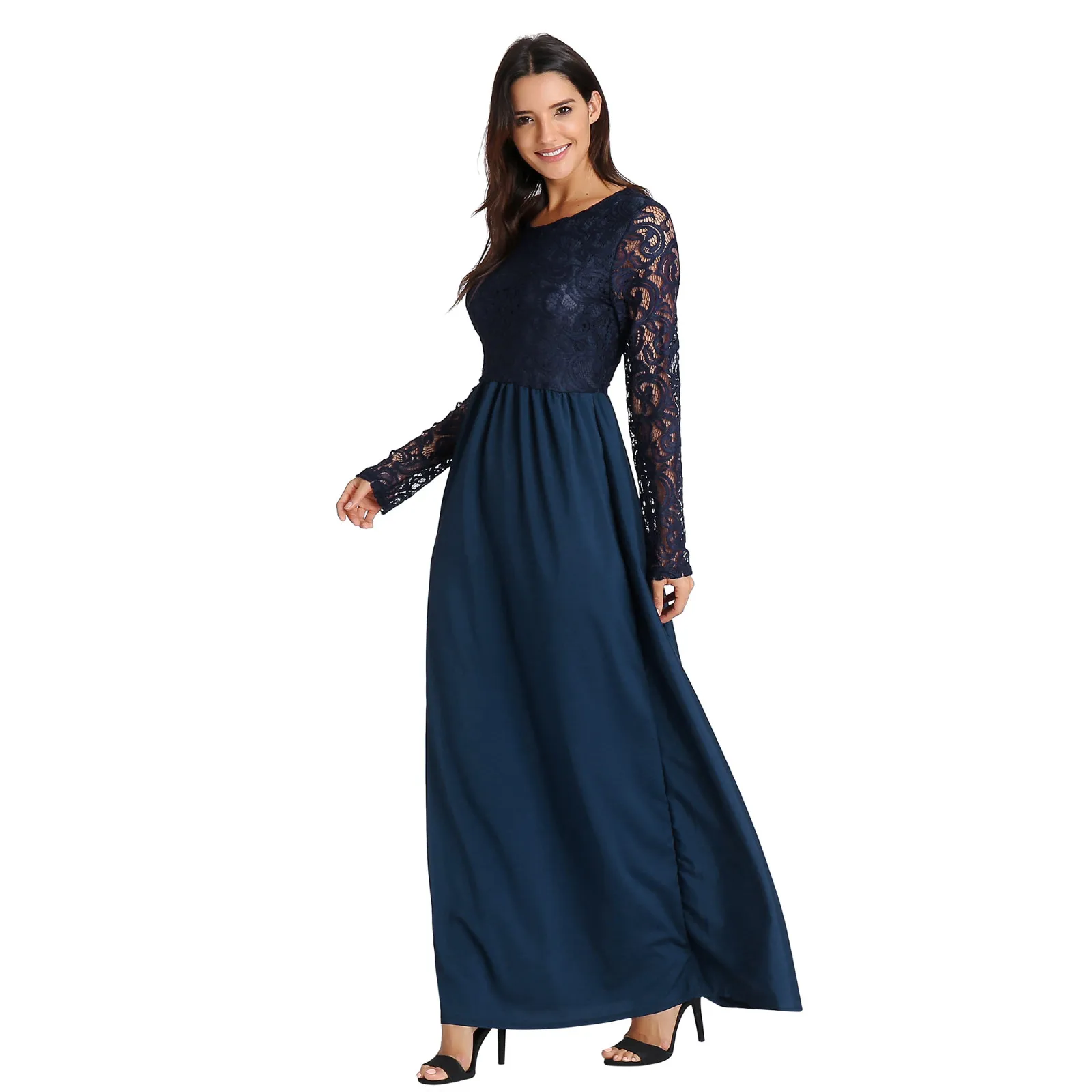 Женское длинное платье макси с кружевами круглым вырезом рукавом до локтя