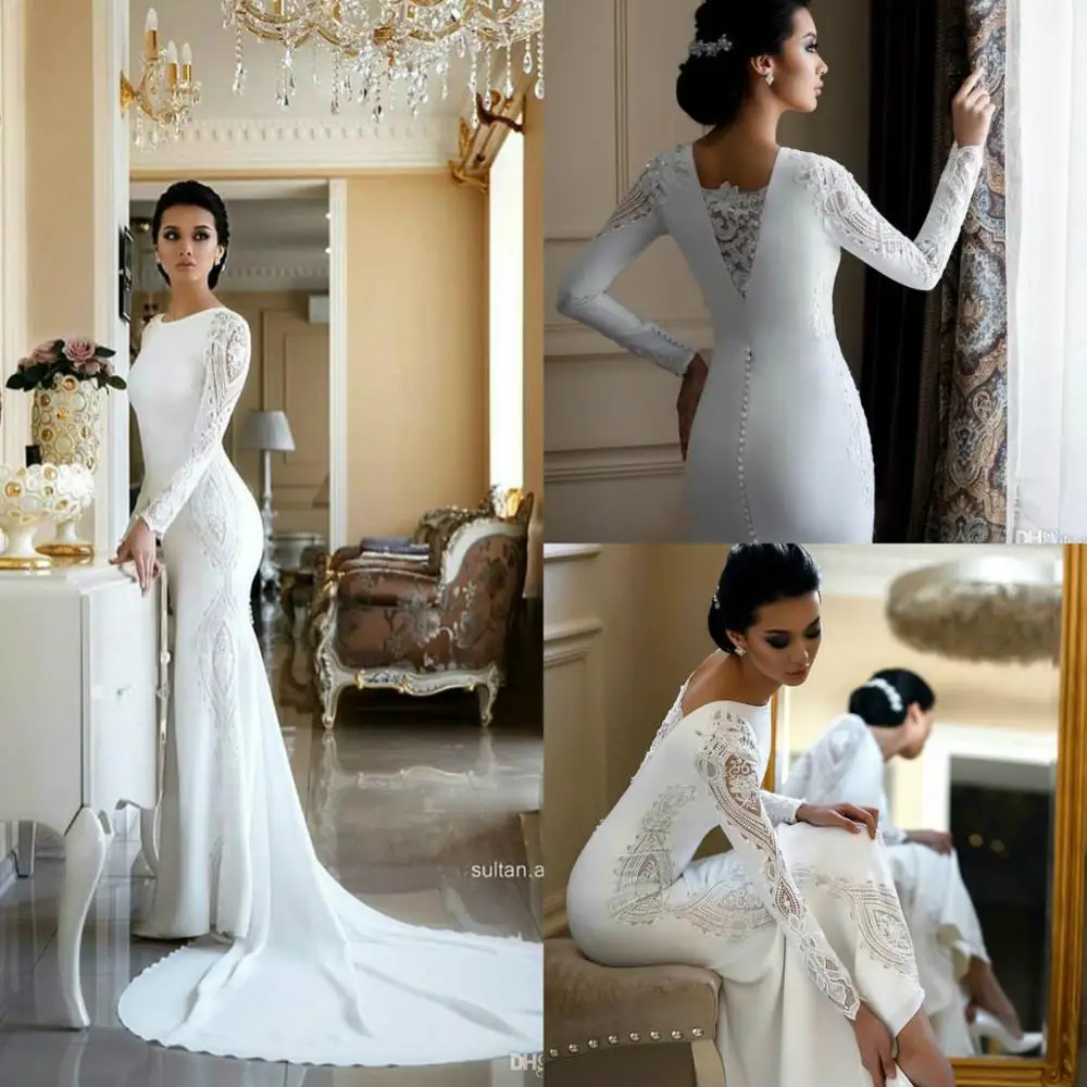 

Modest Mermaid Wedding Dresses Lace Appliqued Sweep Train Boho Wedding Dress Bridal Gowns Plus Size Sleeves Abiti Da Sposa