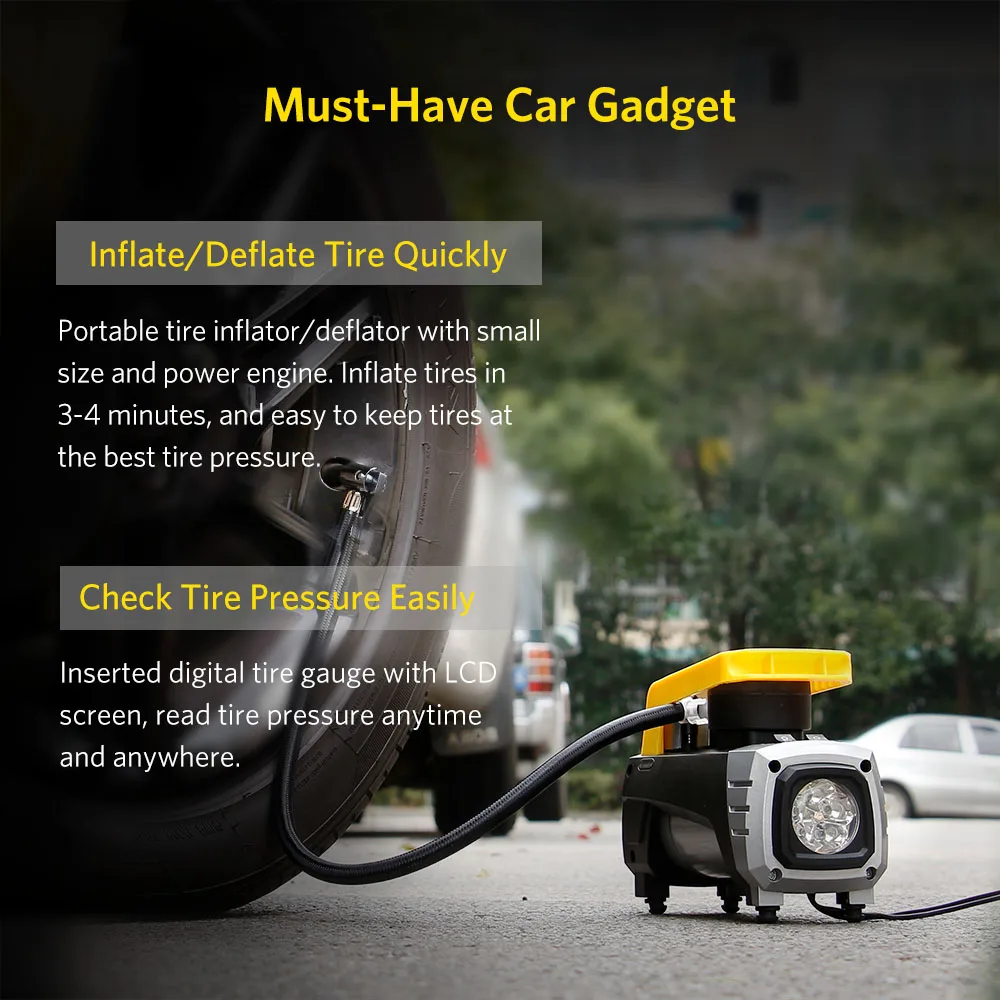Precio Compresor De Aire Portátil De 150 PSI Inflador De Neumáticos De Coche Bomba De Neumáticos Con Manómetro Digital 12V DC Brillante Linterna De Emergencia