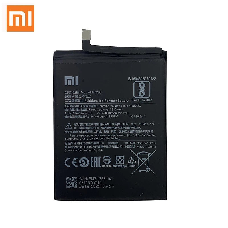 100 orginal xiao mi bn36 3010mah battery for xiaomi 6x a2 mi6x mia2 m6x ma2 high quality phone replacement batteries free global shipping