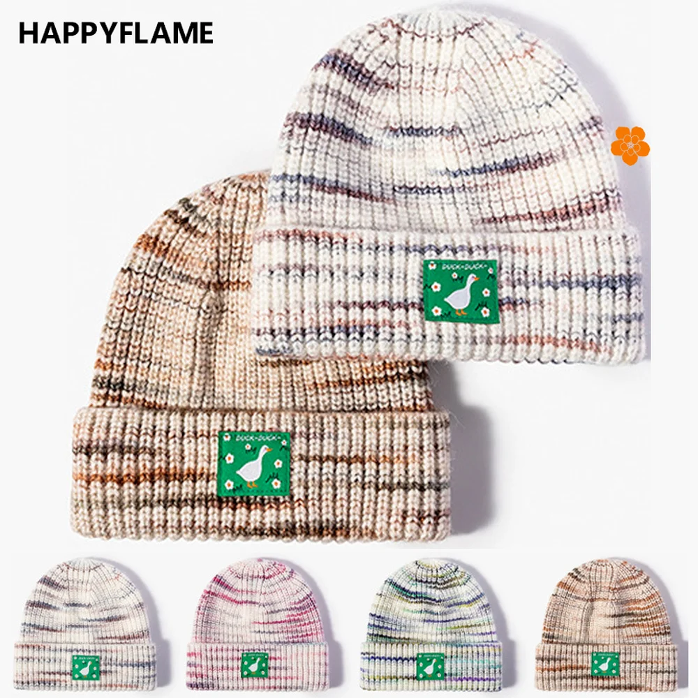 

Winter Melange Knitted Hat with Green Duck Patch Korean Version Thicken Keep Warm Women Wool Hat Trend Cuffed Beanie Fashionable