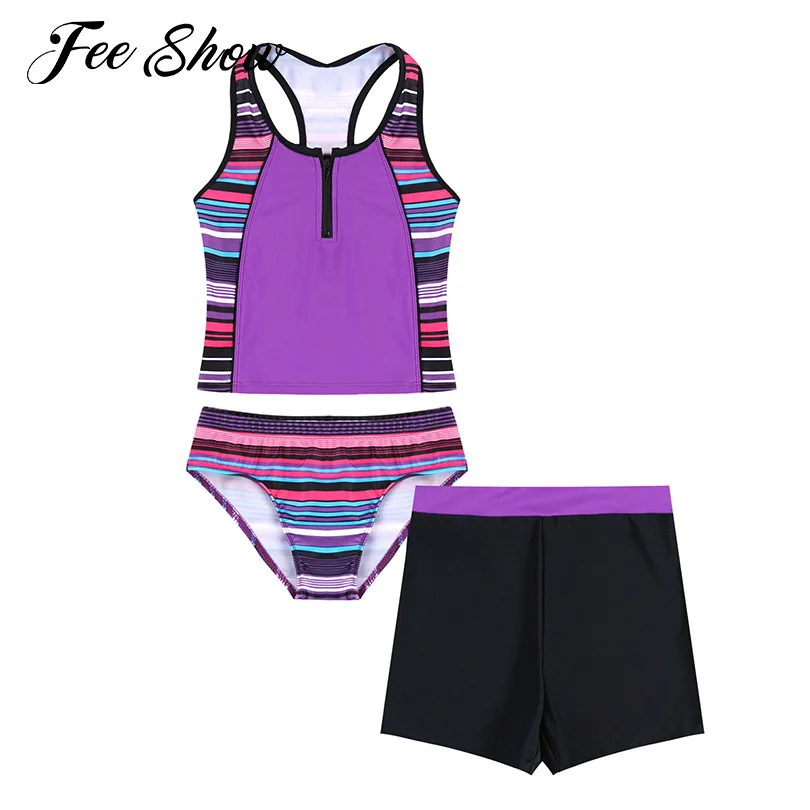 

Brazilian Swimsuits Three-Piece Tankini Set Bathing Suit Shorts Stripped Bikini Bottom Scoop Neck Front Zipper Tank Top for Girl