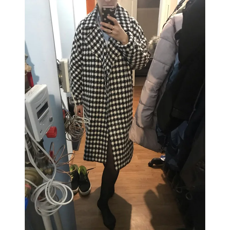 2019 осенний Женский Тренч зимнее длинное пальто шерстяное в ломаную клетку