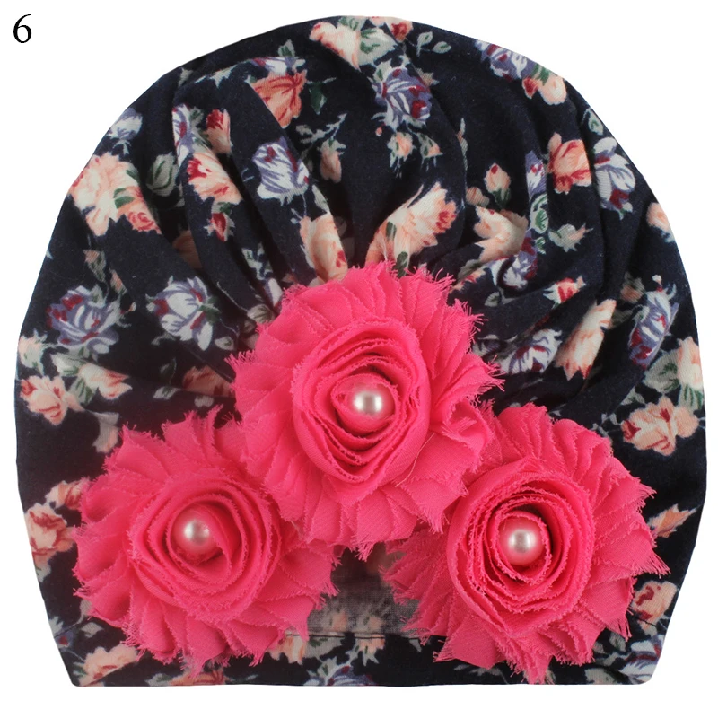 

Soft Newborn Baby Girls Floral Print Pearl Three Flower Cap Infant Elastic Beanie Hat Turban Hat Autumn Winter Cute Kids Bonnet