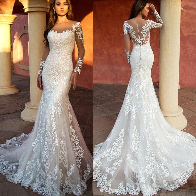 

Long Sleeve Wedding Dresses Mermaid for Women Bride 2021 Lace Appliuques Vintage Bride Gowns Marriage Dress Vestidos De Noiva