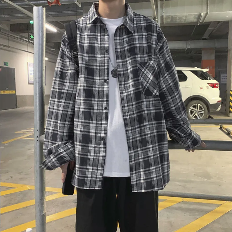 Spring Autumn Cotton Plaid Shirt Men's Fashion Retro Casual Shirt Men Streetwear Korean Loose Long Sleeve Shirts Mens M-2XL