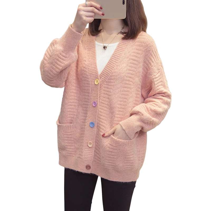 

2020 Women Cardigans Sweater V-Neck Solid color Loose Knitted Single Breasted Casual Thick warm Sweater Coats