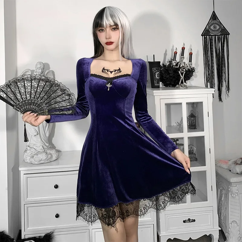 Готическое черное платье осенняя одежда в стиле панк с длинным рукавом и высокой