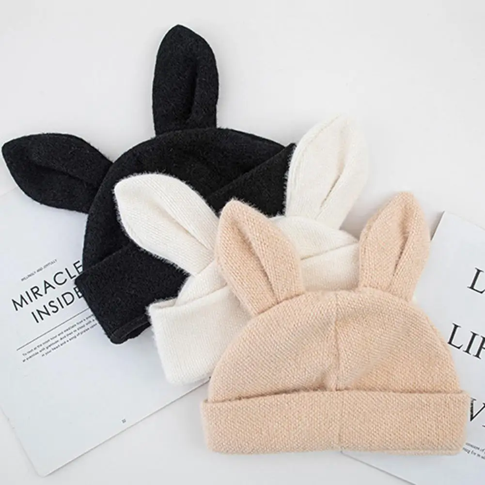 

Autumn Winter Beanies Hats Warm Women Girls Knitted Solid Color Hat Beanies Bonnet Rabbit Ears Shape Cap Cute Accessory 3 Colors