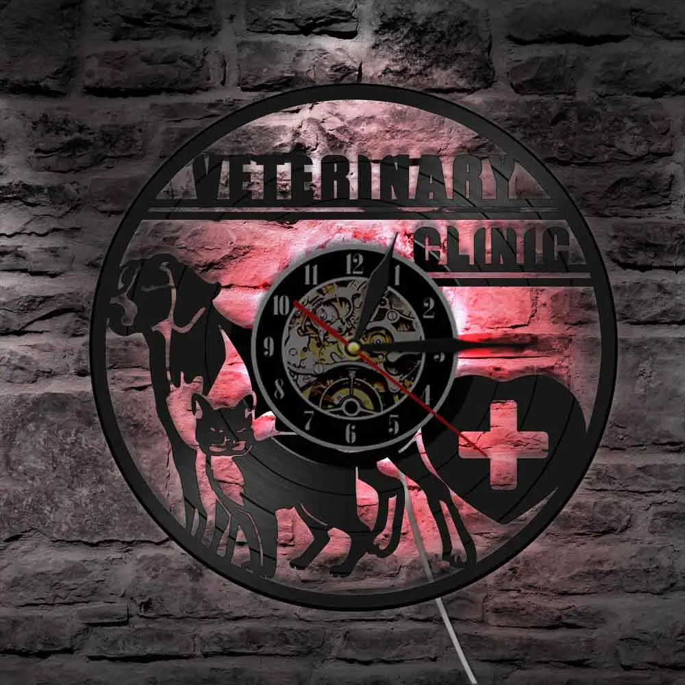 Veterinary Clinic Veterinarian Wall Watch Dogs And Cats Pet Care Animal Hospital Vinyl Record Clock Lovers Vet Gifts | Дом и сад