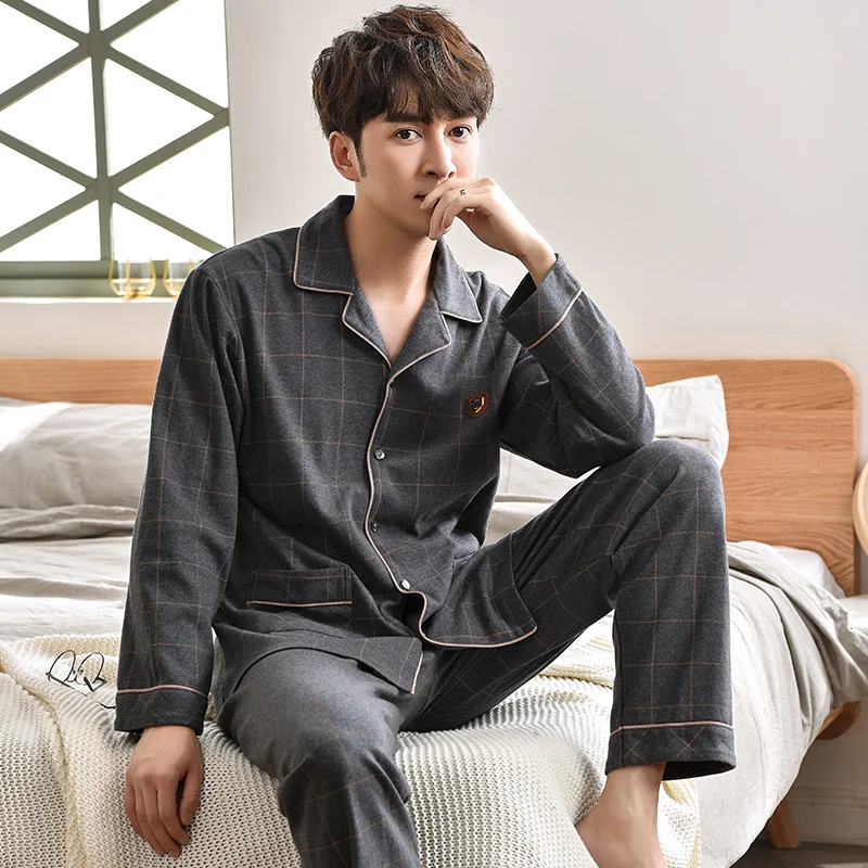 Spring New Male 100% Cotton Sleepwear 2 Pcs Lapel Cardigan Stylish Plaid Grey Men Pajamas Set Luxury Pjs | Мужская одежда