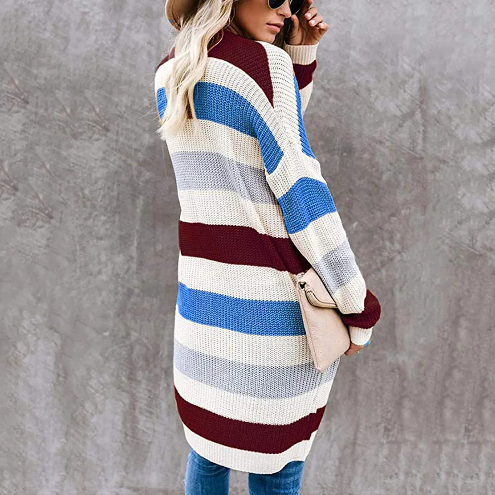 

Colorful Striped Stitching Sweater Cardigan Women'S Autumn Winter Long Color Matching Pocket Knitted Cardigan Sweaters Tops