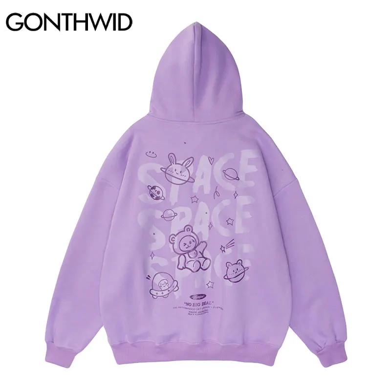 

GONTHWID Hip Hop Sweatshirt Hoodie Streetwear 2021 Planet Bear Print Fleece Hooded Harajuku Winter Cotton Pullover Purple Black