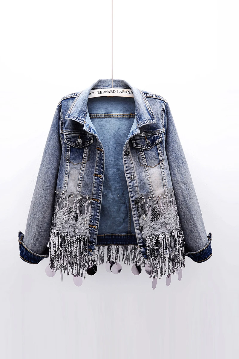 

Spring New Denim Jacket Jean Coat Tassel Sequins Slim Stretch Long Sleeve Coat Women Outerwear Short Jacket Female