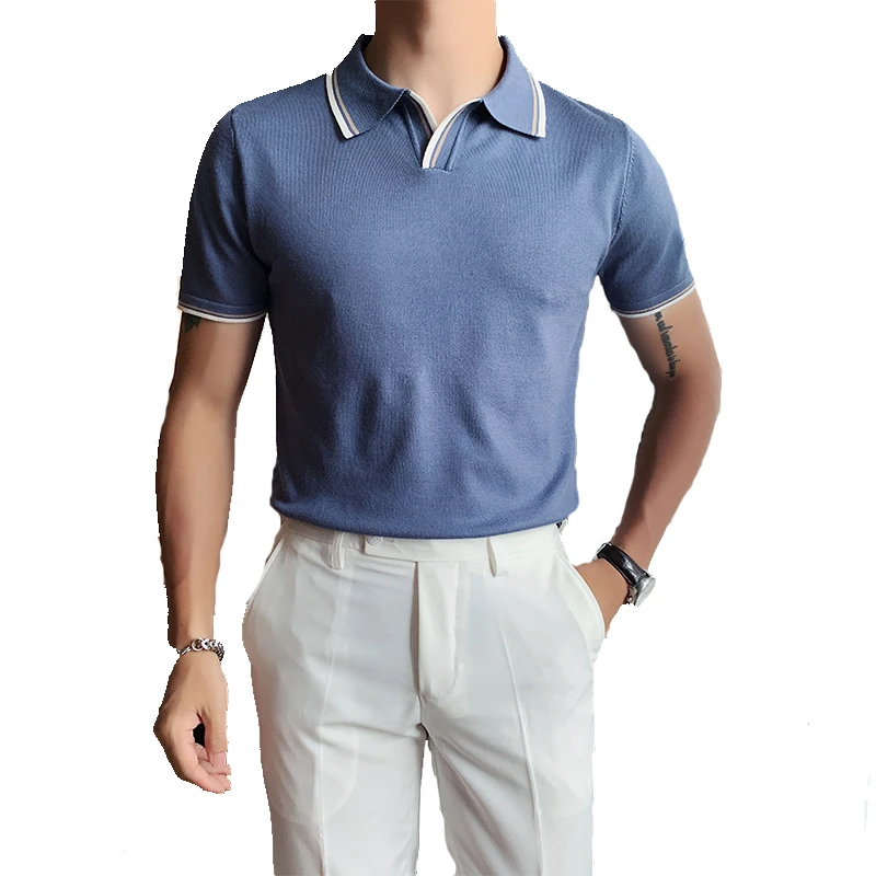 

Summer Short Sleeve POLO Shirts Men British Casual Slim Fit POLO Shirts Solid Color Business Social Lapel Tee Tops Street Wear