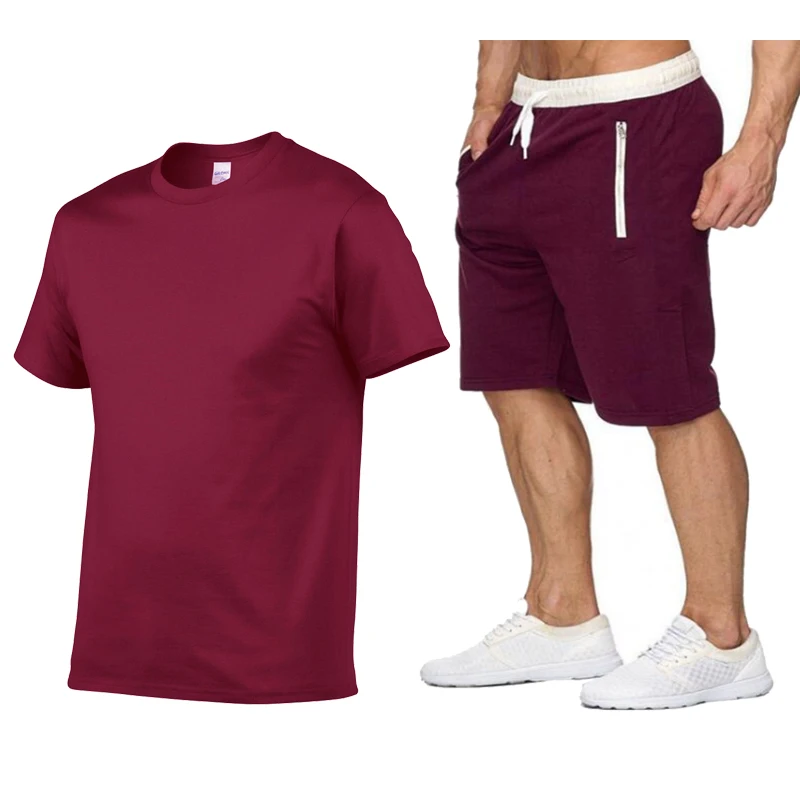 

2021 summer jogging men's T-shirt short-sleeved suit casual sportswear shorts breathable 2 pieces of solid color quick-drying su