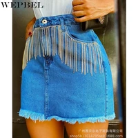 wepbel fashion button denim skirt womens casual tassel stitching skirt autumn pocket denim skirt