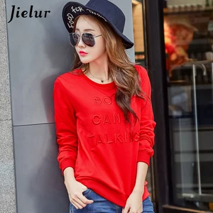 Jielur в Корейском стиле с вышивкой с длинными рукавами и круглым вырезом хлопковые топы осень-зима тонкие флисовые толстовки для женщин S-XXL женский свитер