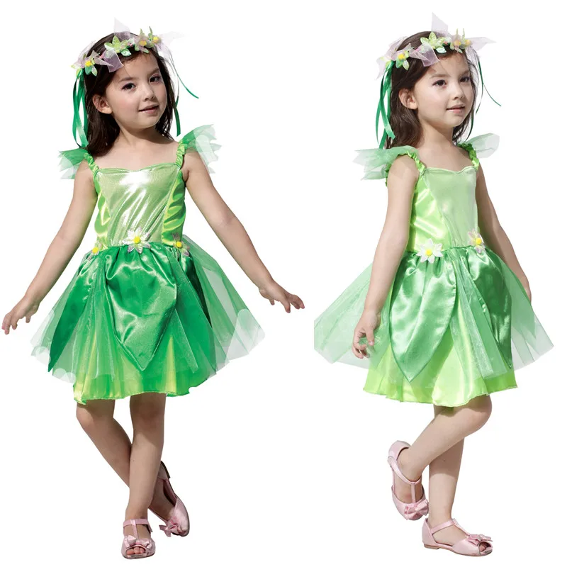 

M-XL Green Cute Girls Halloween Fairy Elves Costume Kids Children Genius Cosplay Carnival Purim Stage Show Role play party dress