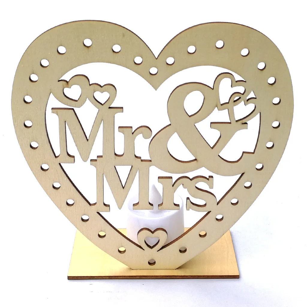 

Spot Wholesale Wooden Wedding Supplies Heart-shaped Wooden Ornaments MR&MRS Wooden Sign LED Candle Light Party