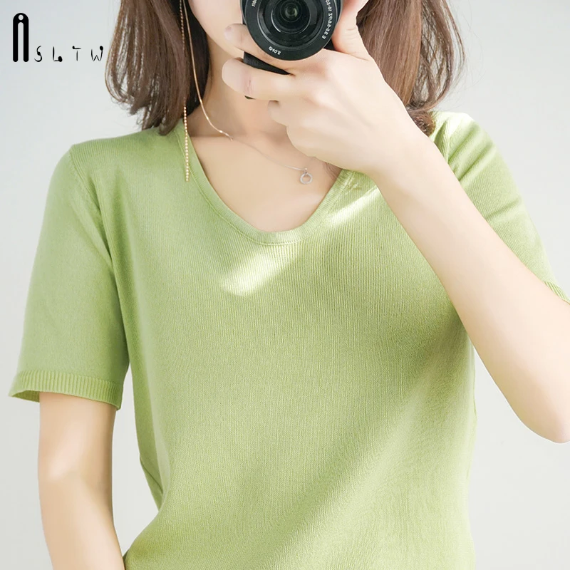 ASLTW Women T-shirt New Arrivals Summer Short Sleeve Woman Clothes Tops Ice silk Soft Thin Knitted Vintage Female Tee Shirt | Женская