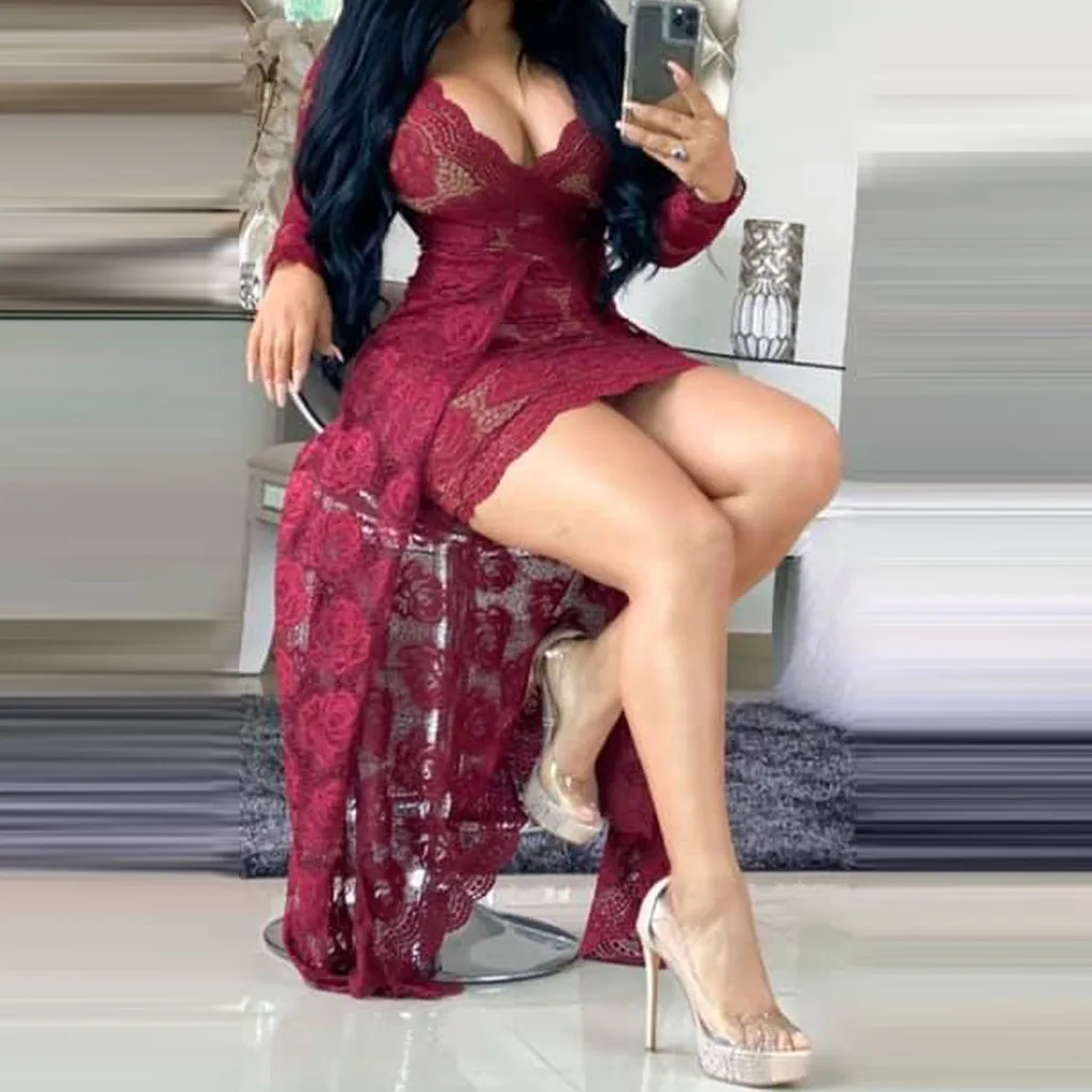 Spring Women's Dress Sexy Women Midi Elegant Fashion Lady Nightclub V-Neck Lace Dresses Long Sleeve Full | Женская одежда