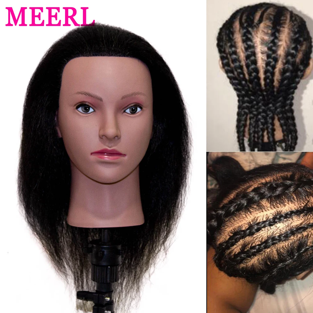 Cabeza de maniquí Afro para práctica de corte trenzado, cabeza de maniquí con cabello Real para peluquería, 100% de entrenamiento