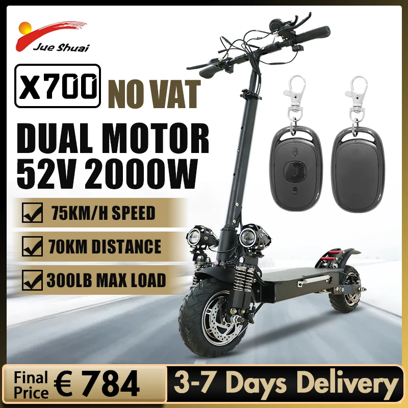 

2000W Dual Motor Electric Scooter 75KM/H Max Speed E Scooter 52V 20A Battery Electric Scooters Adults 10" Off-Road Tire