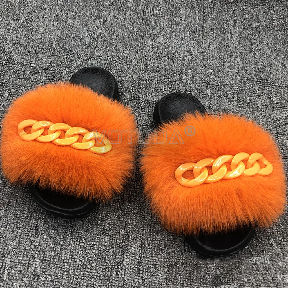 

Summer Fur Slides Furry Shoes Rainbow Chain Sandals Women Fur Slippers Fluffy Real Fur Flip Flops Home Slipper Plush Chain Shoes
