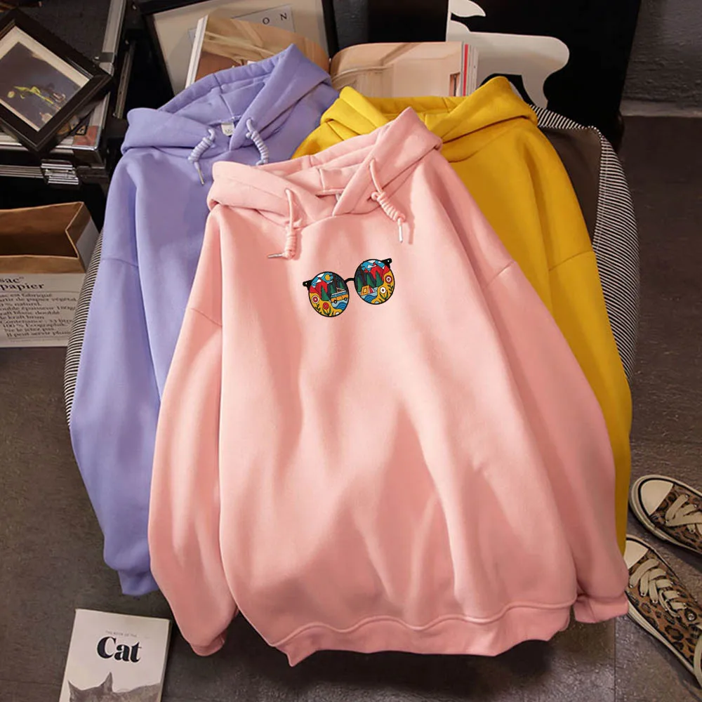 

Korean Streetwear Sweatshirts Unisex Pullover Hip Hop Long Sleeves Loose Cool Glasses Printing Plus Size Hoodies Cute Harajuku