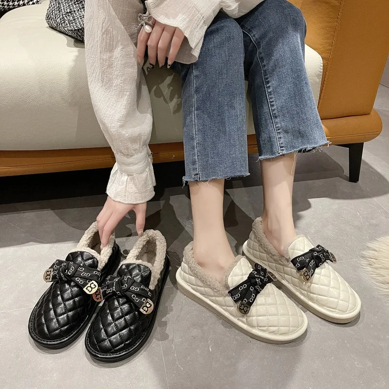 

Autumn and winter new bowknot cotton shoes fashion retro ways add fleece a foot with loafer women's shoes