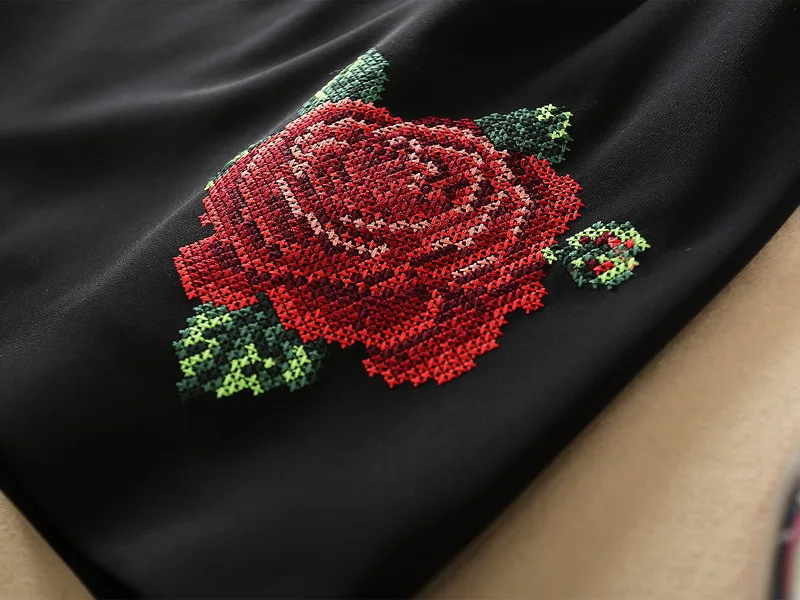 

European and American women's clothes will be new styles in spring 2021 Long-sleeved cross-stitch roses Fashionable black dress