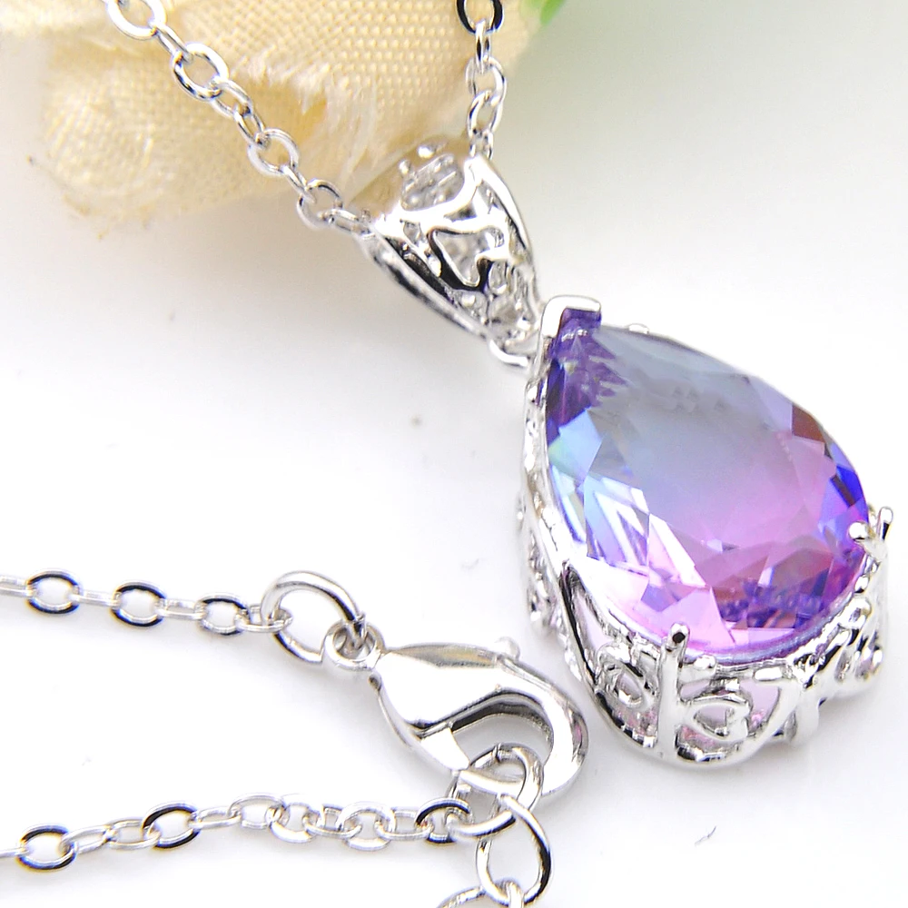 Luckyshine,, 925 серебряное ожерелье, подвеска, серьги, Женские Ювелирные наборы, Би цветные, турмалин, фиолетовый, капля воды, набор