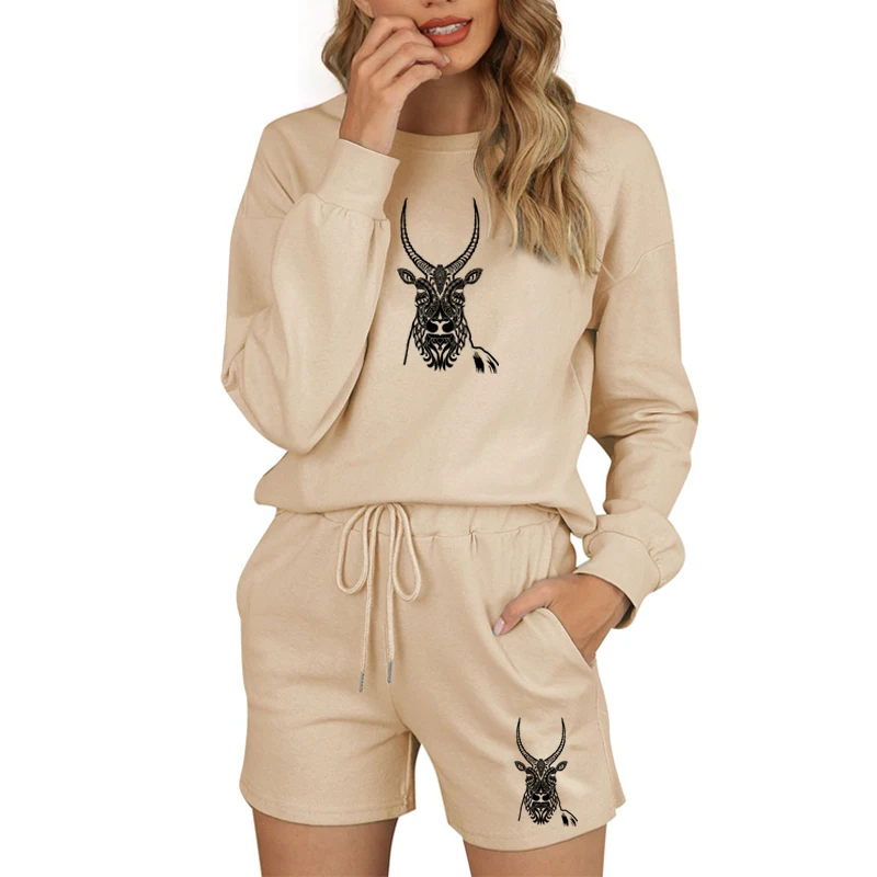 

Spring 2021 Women's Sportswear Loose and Comfortable Cotton Long Sleeve Shorts Solid Color Sweatshirt Set Fashion Print