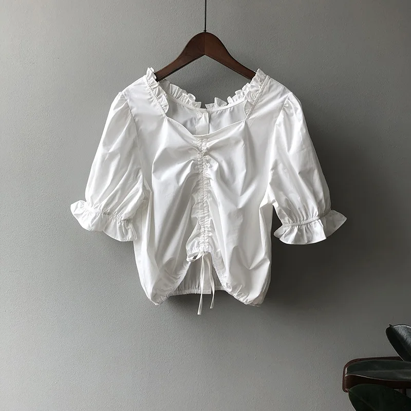 

2020 Summer New Short-Sleeved Square Collar Girl's Shirt Female French Court Style Puff Sleeve Short Shirt