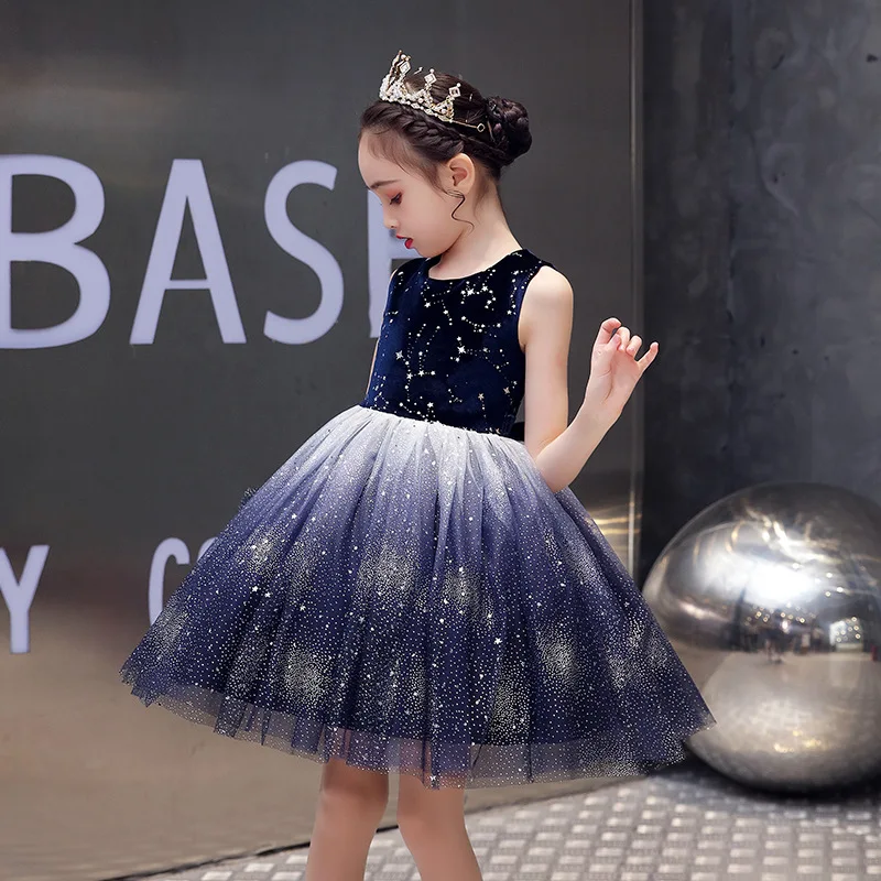 

Sweet Children Kids Baby Summer Flower Princess Dress Sky Stars Girls Party Birthday Wedding Gown Piano Show Carnival Costume