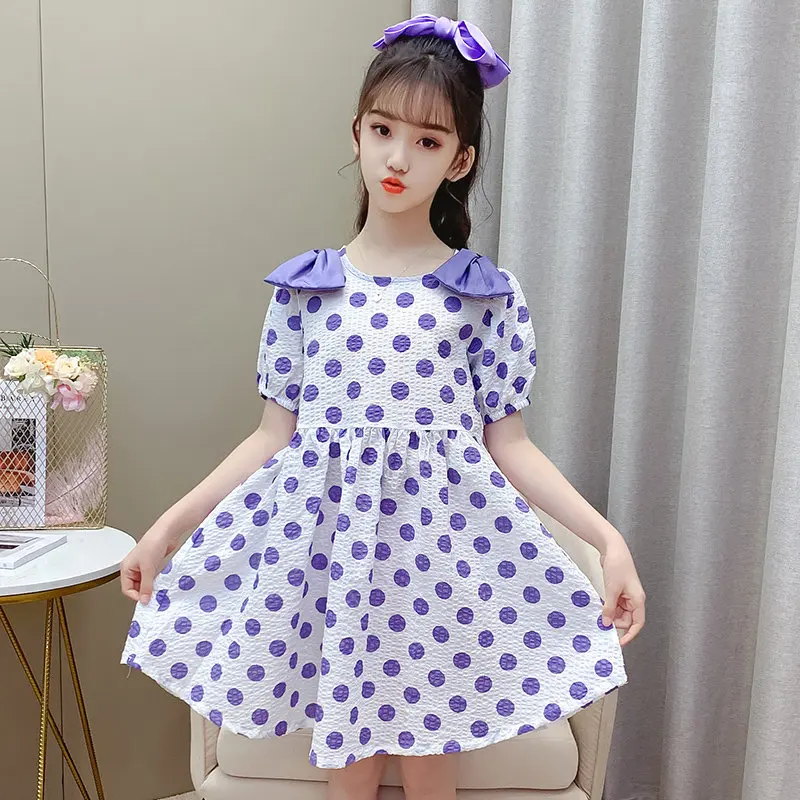

Summer 2021 New Two Bow Collar Korean Style Children Clothing Polka Dot Teen Girls Casual Dress Cotton Elegant Costume 4-13Years