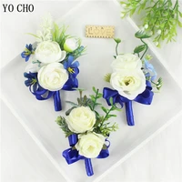 yo cho silk rose brooches flowers men groom boutonniere blue ribbon wedding bracelet flowers groom man marriage accessories