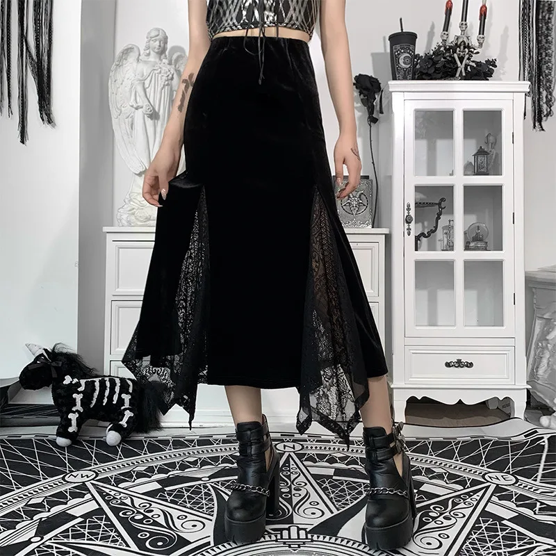 

Autumn Fashion Cute Slim Patchwork Lace Velvet Black High Waist SML Black Woman Casual Long Skirt Lady Asymmetrical Skirt