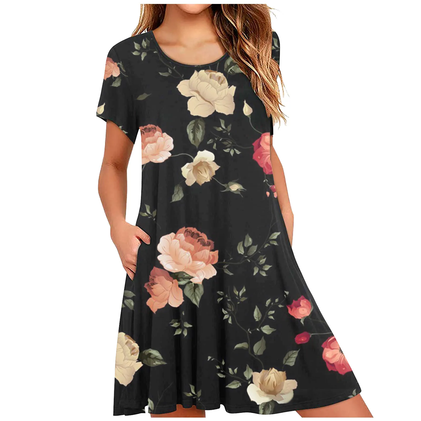 

40# A-line Vintage Summer Dress Elegant O-neck Short Sleeve O-neck Ladies High Waist Slender Dress 2021 Big Swing Dress Woman