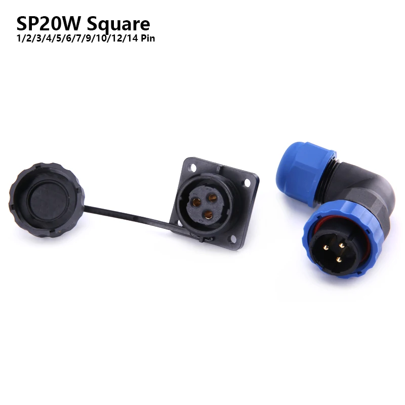 SP20 IP68 elbow Square Flange Wire waterproof connector 1/2/3/4/5/6/7/9/10/12/14 Pin Plug socket Angle Cable Aviation connector