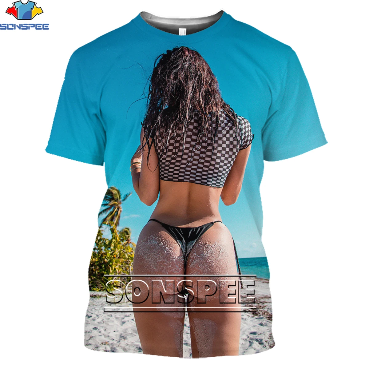 

SONSPEE Sexy Beach Bikini Thong Model Buttocks Goddess T-shirt Men Women Passion Fashion Shirt Man Short Sleeve Otaku Clothing