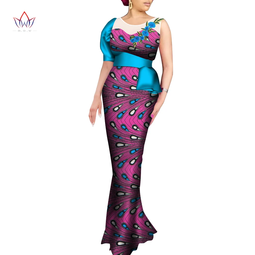African Print Long Mermaid Dress for Women Rich Patchwork Belt Slash Neck Dresses African Women Clothing Party Dress WY7468